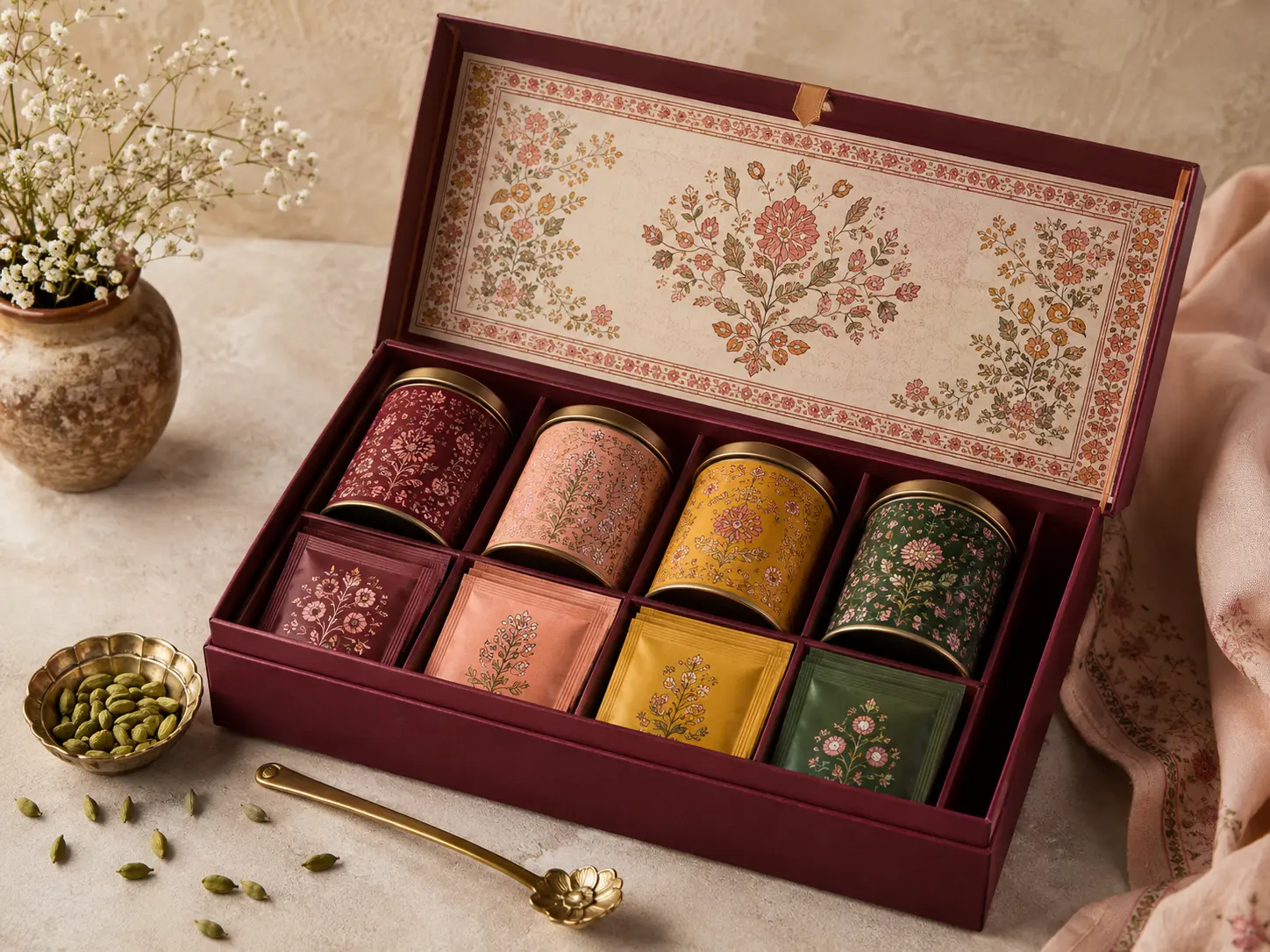 An open Elaichi Brew gift box with tea tins and spices