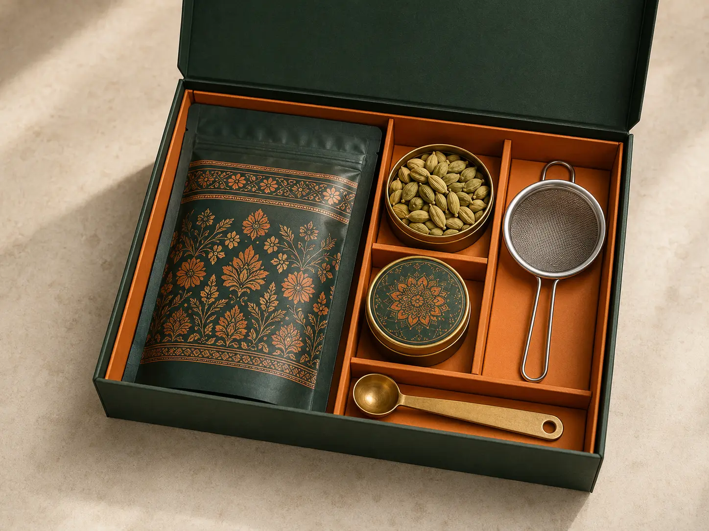 Elaichi Brew proper chai kit with tea, spices, spoon and strainer
